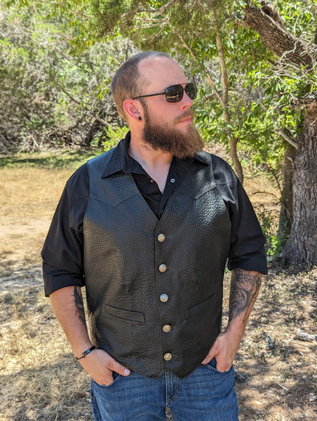 #109 Cody Classic Western Vest in American Bison - "The finest bison leather vest I have ever seen .... " - herdwear.net.  Interior Conceal & Carry pockets on each side + a Breast Pocket for smartphone, etc.