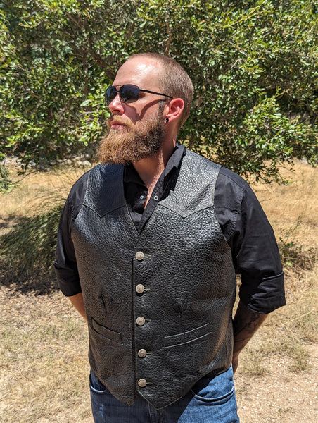 #109 Cody Classic Western Vest in American Bison - "The finest bison leather vest I have ever seen .... " - herdwear.net.  Interior Conceal & Carry pockets on each side + a Breast Pocket for smartphone, etc.