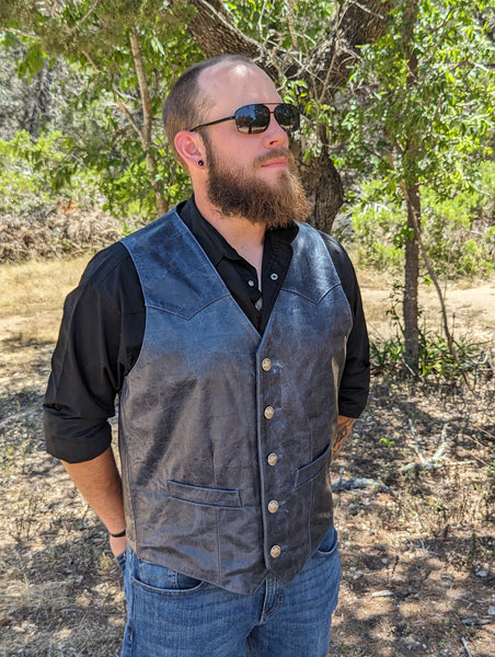#109 Cody Classic Western Vest in American Bison - "The finest bison leather vest I have ever seen .... " - herdwear.net.  Interior Conceal & Carry pockets on each side + a Breast Pocket for smartphone, etc.