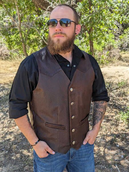 #109 Cody Classic Western Vest in American Bison - "The finest bison leather vest I have ever seen .... " - herdwear.net.  Interior Conceal & Carry pockets on each side + a Breast Pocket for smartphone, etc.