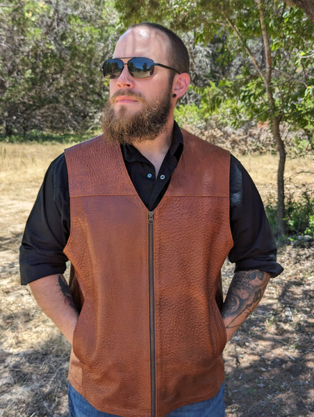 # 122 The Durango Vest in American Bison. Zip closure with a classic V Neck Western look