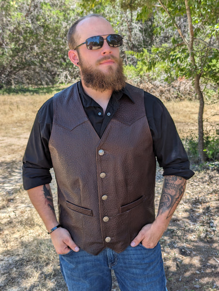 #109 Cody Classic Western Vest in American Bison - "The finest bison leather vest I have ever seen .... " - herdwear.net.  Interior Conceal & Carry pockets on each side + a Breast Pocket for smartphone, etc.