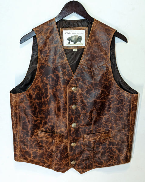 #109 Cody Classic Western Vest in American Bison - "The finest bison leather vest I have ever seen .... " - herdwear.net.  Interior Conceal & Carry pockets on each side + a Breast Pocket for smartphone, etc.