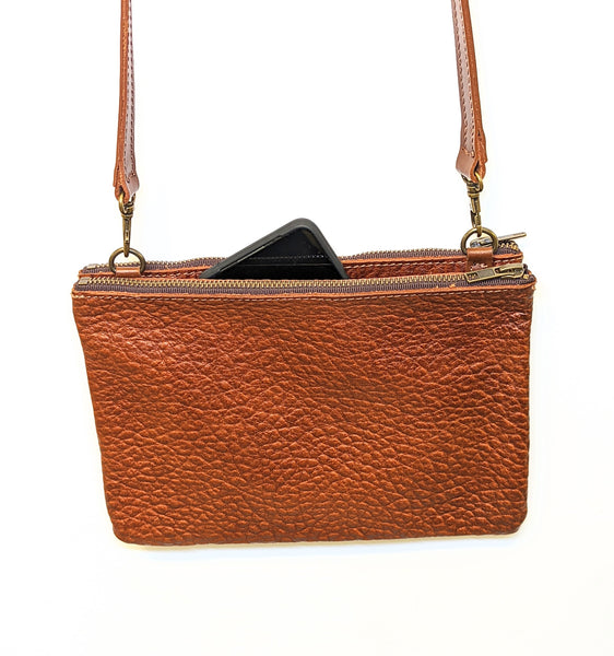 3745 "Cibolo" Cross Body in American Bison.  2 exterior zip compartments with slide in area between the 2 compartments - Dimensions: 8" H x 12 " L x 2" D