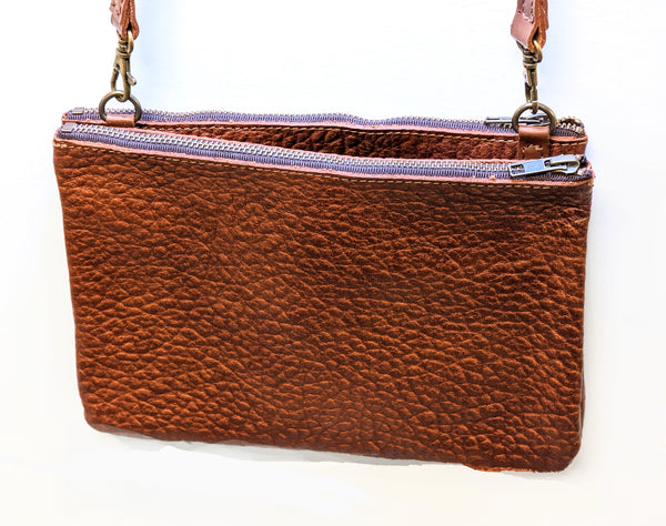 3745 "Cibolo" Cross Body in American Bison.  2 exterior zip compartments with slide in area between the 2 compartments - Dimensions: 8" H x 12 " L x 2" D