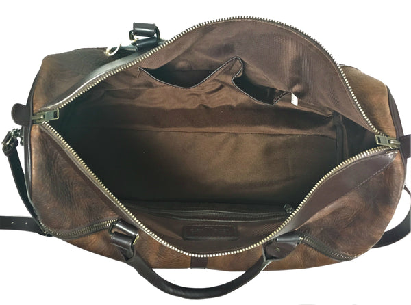 754 Large Duffel - Authentic heirloom American  Bison . Dimensions: 21” L x 12” H x 10 D “ Color: Old Comanche brown