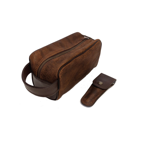 945 Shave Kit in authentic, heirloom, shrunken grain American  Bison  Leather Dimensions 9 ⅜” L x 5” H x 4 ½” W  special 2 for 1 combo includes original design #939 Razor case