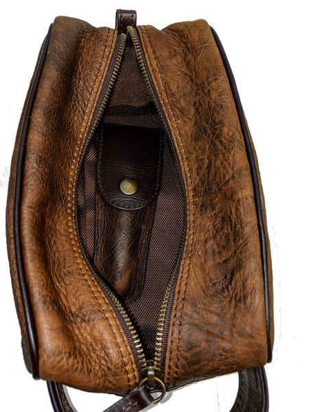 945 Shave Kit in authentic, heirloom, shrunken grain American  Bison  Leather Dimensions 9 ⅜” L x 5” H x 4 ½” W  special 2 for 1 combo includes original design #939 Razor case