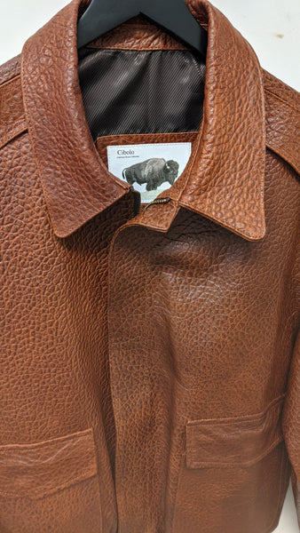 #111 Jackson Hole Buffalo Bomber Jacket in American Bison. USA designed in Texas. Custom tanned, North American made.   Lifetime Guarantee! Sizes: Medium, Large, XL, XXL, XXXL