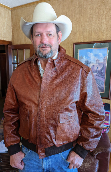#111 Jackson Hole Buffalo Bomber Jacket in American Bison. USA designed in Texas. Custom tanned, North American made.   Lifetime Guarantee! Sizes: Medium, Large, XL, XXL, XXXL
