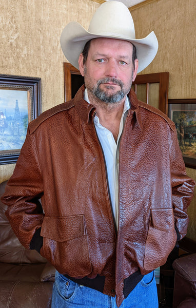 #111 Jackson Hole Buffalo Bomber Jacket in American Bison. USA designed in Texas. Custom tanned, North American made.   Lifetime Guarantee! Sizes: Medium, Large, XL, XXL, XXXL