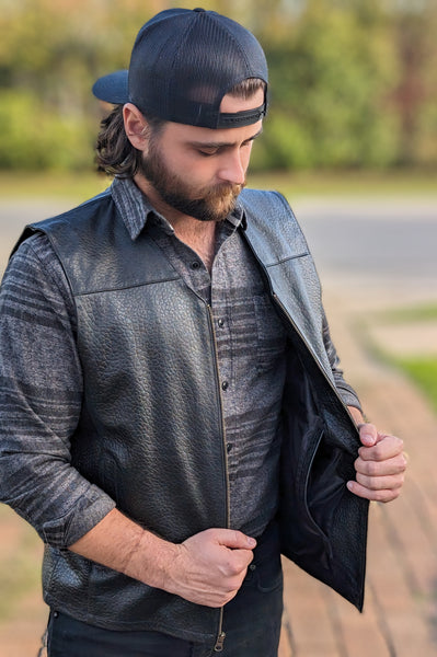 # 122 The Durango Vest in American Bison. Zip closure with a classic V Neck Western look