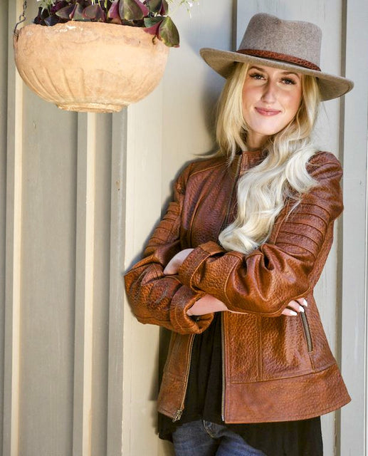 102 Fashion Biker Jacket in American Bison - "Cinnamon" Bubble from The Cibolo American Bison Collection. 