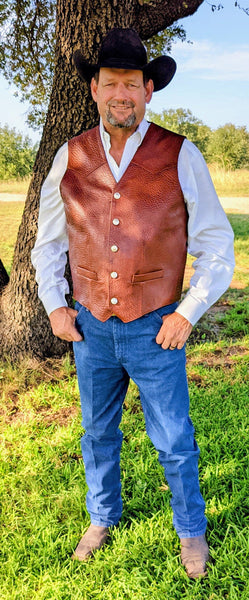 #109 Cody Classic Western Vest in American Bison - "The finest bison leather vest I have ever seen .... " - herdwear.net.  Interior Conceal & Carry pockets on each side + a Breast Pocket for smartphone, etc.