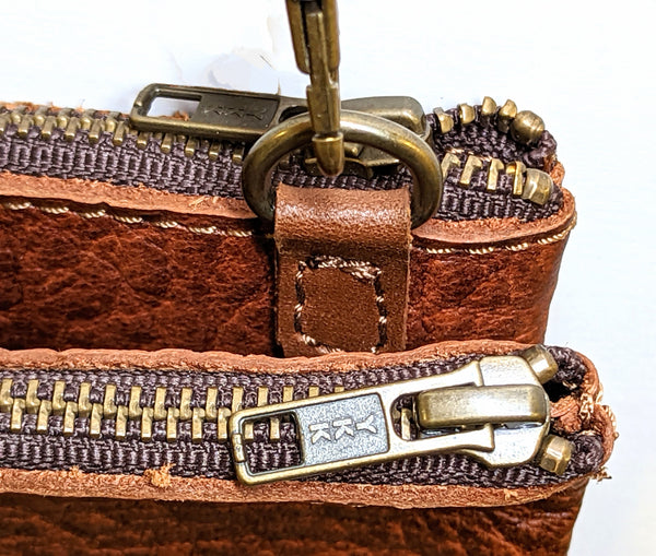 3745 "Cibolo" Cross Body in American Bison.  2 exterior zip compartments with slide in area between the 2 compartments - Dimensions: 8" H x 12 " L x 2" D