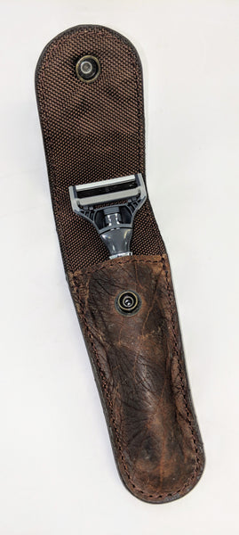 945 Shave Kit in authentic, heirloom, shrunken grain American  Bison  Leather Dimensions 9 ⅜” L x 5” H x 4 ½” W  special 2 for 1 combo includes original design #939 Razor case