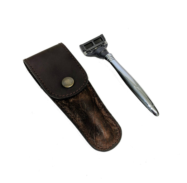 945 Shave Kit in authentic, heirloom, shrunken grain American  Bison  Leather Dimensions 9 ⅜” L x 5” H x 4 ½” W  special 2 for 1 combo includes original design #939 Razor case