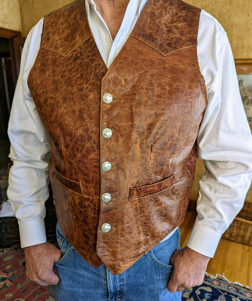 #109 Cody Classic Western Vest in American Bison - "The finest bison leather vest I have ever seen .... " - herdwear.net.  Interior Conceal & Carry pockets on each side + a Breast Pocket for smartphone, etc.